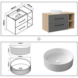 Probaty Bathrooms 990X460mm Vanity Unit Anthracite And Wood Color Mdf,wall Mounted,2 Drawers With Ceramic Basin(Wavy Patterns) - thumbnail 9