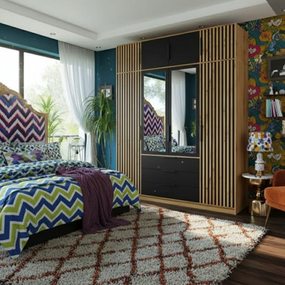 Bali Lux 4 Door Wardrobe With Mirrors Decorative Slats Spacious Closet For Bedroom Hallway Black With Oak Wotan With Extension - image 1
