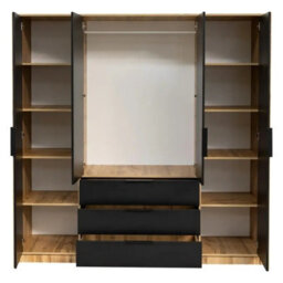 Bali Lux 4 Door Wardrobe With Mirrors Decorative Slats Spacious Closet For Bedroom Hallway Black With Oak Wotan With Extension - thumbnail 3