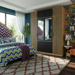 Bali Lux 4 Door Wardrobe With Mirrors Decorative Slats Spacious Closet For Bedroom Hallway Black With Oak Wotan With Extension