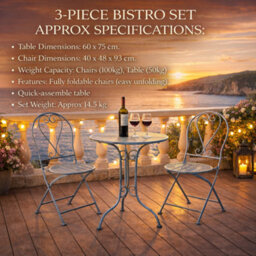 Glamhaus Garden Bistro Set 3 Piece Outdoor Metal Foldable Patio Balcony Furniture Shabby Chic - Toulouse Antique Blue - thumbnail 4