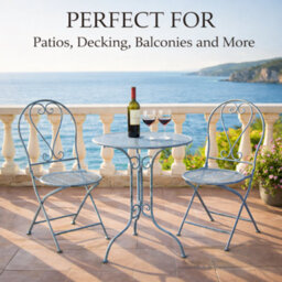 Glamhaus Garden Bistro Set 3 Piece Outdoor Metal Foldable Patio Balcony Furniture Shabby Chic - Toulouse Antique Blue - thumbnail 7