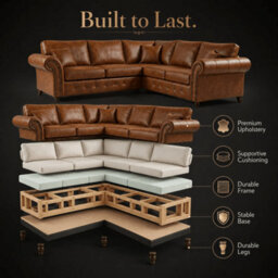 Gamzo Outlet Corner Sofa Full Back Leather Couch With Strong Wooden Frame And Padded Curved Arms - thumbnail 5