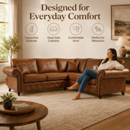 Gamzo Outlet Corner Sofa Full Back Leather Couch With Strong Wooden Frame And Padded Curved Arms - thumbnail 2