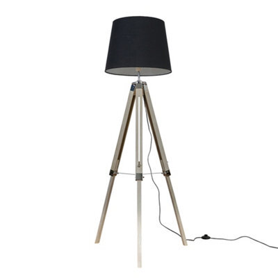 Valuelights Clipper Distressed Wood And Silver Chrome Tripod Floor Lamp With Black Tapered Light Shade With 6W Led Gls Bulb - image 1