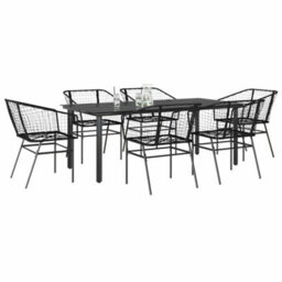 Berkfield 7 Piece Garden Dining Set Black Poly Rattan Glass - thumbnail 1