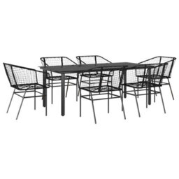 Berkfield 7 Piece Garden Dining Set Black Poly Rattan Glass - thumbnail 2