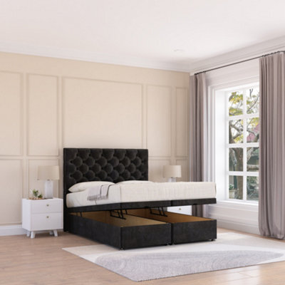 Sloomy Mayfair End Lift Ottoman Bed 4Ft With Sprung Memory Mattress - Black Plush & Headboard- Small Double - image 1