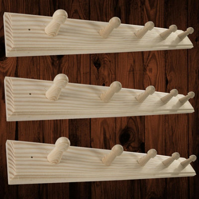 Woodeedoo Set Of 3 Wooden Coat Hooks 5 Pegs Each Mounted On Door Or Wall Natural Pine Unpainted Storage 46 X 6 X 5.5 Cm Per Unit - image 1