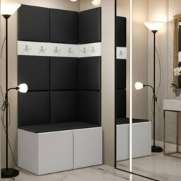 Orion I Hallway Set White Shoe Cabinet Hangers Black Eco Leather Panels