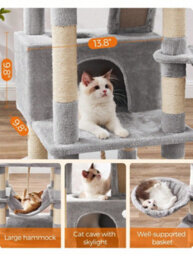 LEDREM Cat Tree, 168 Cm Large Cat Tower With 13 Scratching Posts, 1 Scratching Ramp, 2 Perches, 2 Caves, Basket, Hammock, Pompoms - thumbnail 6