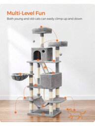 LEDREM Cat Tree, 168 Cm Large Cat Tower With 13 Scratching Posts, 1 Scratching Ramp, 2 Perches, 2 Caves, Basket, Hammock, Pompoms - thumbnail 2