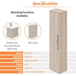 Plum&clay Novela Light Wood Wall Mounted Bathroom Tall Storage Cabinet Unit Bathroom Furniture - thumbnail 5