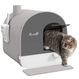 Pawhut Cat Litter Box Kitten Litter Tray W/ Lid, Scoop, Filter, Flap Door, Grey - thumbnail 2