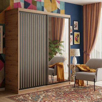 Delia 180Cm Artisan Black Sliding Door Wardrobe With Slatted Front Laminated Board Bedroom Storage Cabinet - image 1