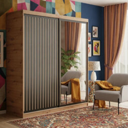 Delia 180Cm Artisan Black Sliding Door Wardrobe With Slatted Front Laminated Board Bedroom Storage Cabinet