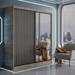 Delia 180Cm Artisan Black Sliding Door Wardrobe With Slatted Front Laminated Board Bedroom Storage Cabinet - thumbnail 2
