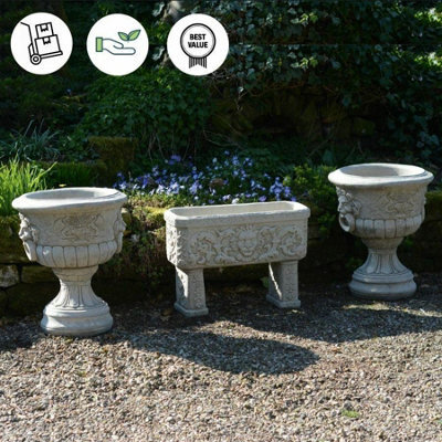 Pair Of Lion Head Design Stone Vases And Planter Troughs - image 1