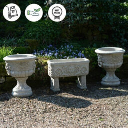 Pair Of Lion Head Design Stone Vases And Planter Troughs - thumbnail 1