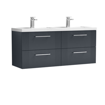Balterley Belvide Partial Fluted 4 Drawer Wall Hung Vanity Unit With Double Polymarble Basin - 1200mm - Satin Dark Grey - image 1