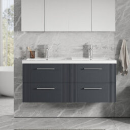 Balterley Belvide Partial Fluted 4 Drawer Wall Hung Vanity Unit With Double Polymarble Basin - 1200mm - Satin Dark Grey - thumbnail 2