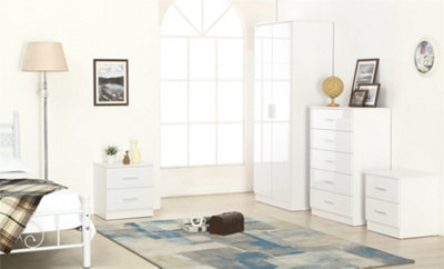 Reflect 2 Door Plain Wardrobe, 5 Drawer Chest, 2X 2 Drawer Bedsides - White Gloss & Matt White - Modern Bedroom Furniture Set - image 1