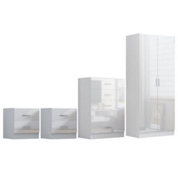 Reflect 2 Door Plain Wardrobe, 5 Drawer Chest, 2X 2 Drawer Bedsides - White Gloss & Matt White - Modern Bedroom Furniture Set - thumbnail 6