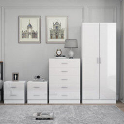 Reflect 2 Door Plain Wardrobe, 5 Drawer Chest, 2X 2 Drawer Bedsides - White Gloss & Matt White - Modern Bedroom Furniture Set - thumbnail 3