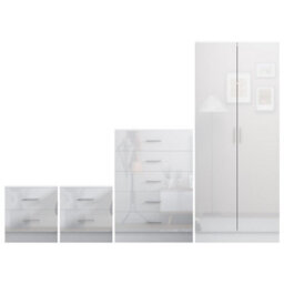 Reflect 2 Door Plain Wardrobe, 5 Drawer Chest, 2X 2 Drawer Bedsides - White Gloss & Matt White - Modern Bedroom Furniture Set - thumbnail 5