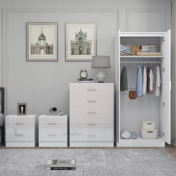 Reflect 2 Door Plain Wardrobe, 5 Drawer Chest, 2X 2 Drawer Bedsides - White Gloss & Matt White - Modern Bedroom Furniture Set - thumbnail 4