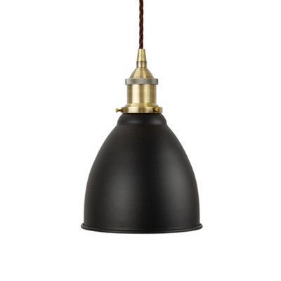 Matt Black Classic Small Pantry Metal Painted Dome Pendant Light With Antique Brass Lamp Holder And Brown Twisted Cable - Se Home