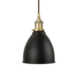 Matt Black Classic Small Pantry Metal Painted Dome Pendant Light With Antique Brass Lamp Holder And Brown Twisted Cable - Se Home
