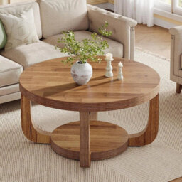 31.5-Inch Farmhouse Wooden Round Coffee Table With Storage Shelf For Living Room - thumbnail 3