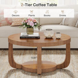 31.5-Inch Farmhouse Wooden Round Coffee Table With Storage Shelf For Living Room - thumbnail 4