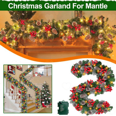 Amorly 9Ft Christmas Garland With 50 Led Lights, 8 Lighting Modes Battery Timer, Real Touch Cedar Garland For Stair And Mantle Xmas Decor - image 1