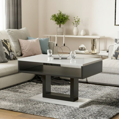 Tilo Modern Compact Coffee Table White Gloss Legs Black Finish Durable Laminated Board With Lower Storage Shelf - image 1
