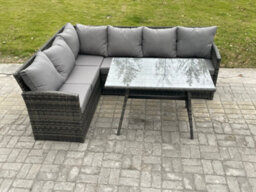Fimous Wicker Rattan Garden Furniture Corner Sofa Set With Oblong Dining Table 6 Seater Outdoor Rattan Set - thumbnail 2