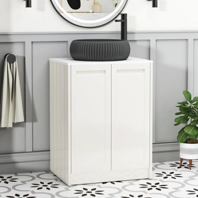 Royal Bathrooms Royal Bathroom Elmore 600mm Classic White Freestanding Bathroom Vanity Unit 2 Door Plain White Worktop With Milan Black Basin - image 1