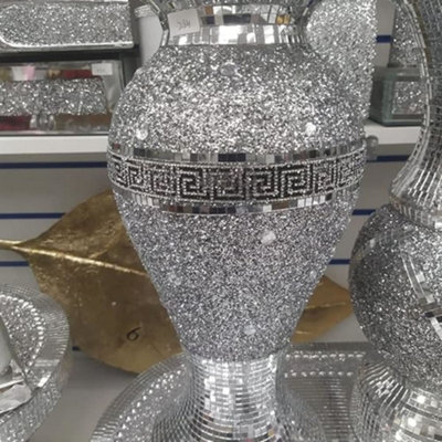 Biznest 40Cm Sparkle Diamond Crushed Crystal Sparkly Silver Mirrored Floor Vase Style 054