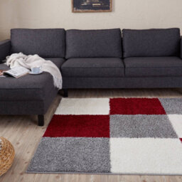 The Rugs Red Grey And Ivory Soft Checkerboard Design Fluffy Shaggy Rugs And Runners High Pile Living Room Kitchen Hallway 381 - thumbnail 8
