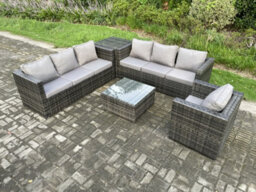 Fimous Rattan Garden Furniture Sofa Set With Armchair Square Coffee Table Side Table Indoor Outdoor 7 Seater Rattan Set - thumbnail 2