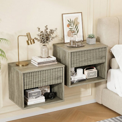 Gray Oak-2Pcs Bedside Table Wall Mounted Nightstand Side Tables Bedroom Small Cabinet - image 1