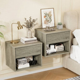 Gray Oak-2Pcs Bedside Table Wall Mounted Nightstand Side Tables Bedroom Small Cabinet - thumbnail 1