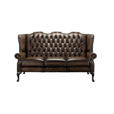 Chesterfield 3 Seater High Back Antique Brown Leather Sofa In Mallory Style - image 1