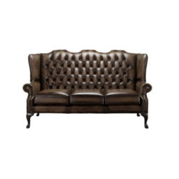 Chesterfield 3 Seater High Back Antique Brown Leather Sofa In Mallory Style - thumbnail 1