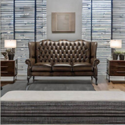 Chesterfield 3 Seater High Back Antique Brown Leather Sofa In Mallory Style - thumbnail 3