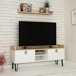 Decortie Keday Modern Tv Unit Multimedia Centre White Oak With Wall Shelf Unit 140Cm - thumbnail 1