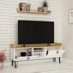 Decortie Keday Modern Tv Unit Multimedia Centre White Oak With Wall Shelf Unit 140Cm - thumbnail 4