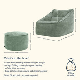 icon Natalia Chenille Adults Bean Bag Armchair And Pouffe, Ready Filled Large Beanbag And Footstool Sage Green - thumbnail 7
