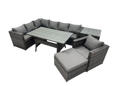 Fimous Outdoor Pe Rattan Sofa Set With Dining Table Patio Garden Furniture Sets With Chair Big Stool Side Table Dark Grey Mixed - image 1